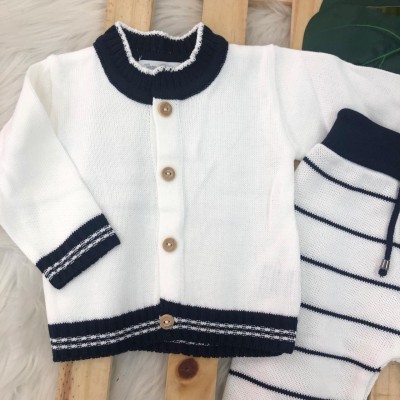 Conj de Linha Branco com Viés - Marinho e Calça Listrada Conj de Linha Branco com Viés - Marinho e Calça Listrada